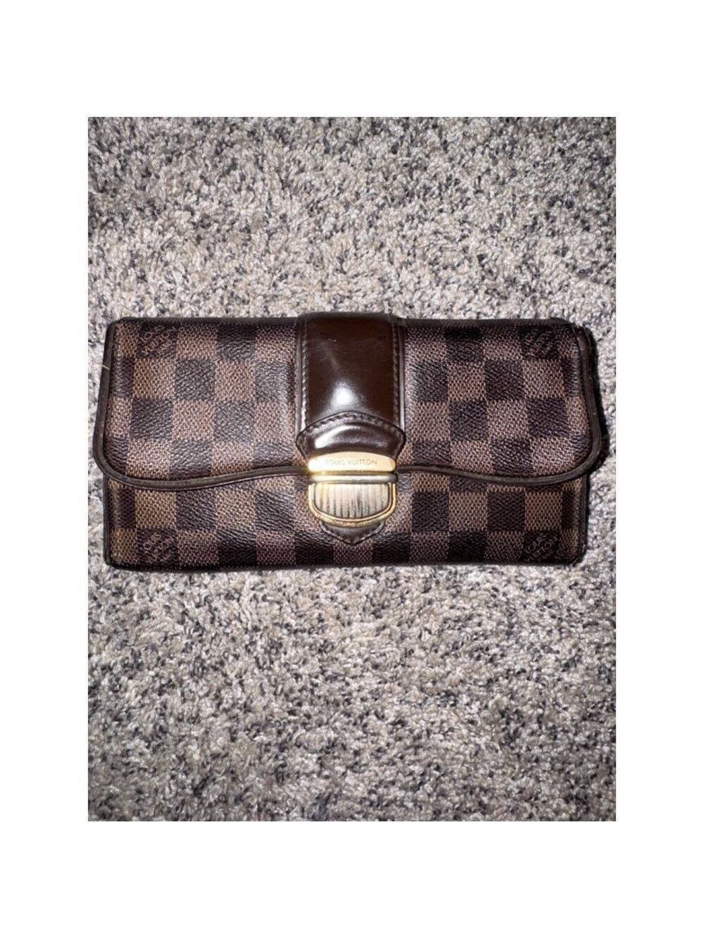 Louis Vuitton Damier Ebene Long Wallet Push Lock Clutch Style Brown Checkered - Picture 2 of 16